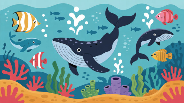 A large whale swims with fish and other sea creatures in the ocean water