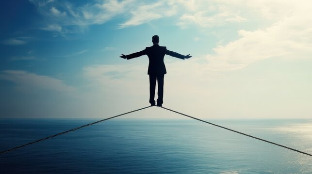 A person stands on a tightrope above the ocean with arms wide open. The scene shows bright blue sky and fluffy clouds. This moment captures a sense of balance and courage in an open space.