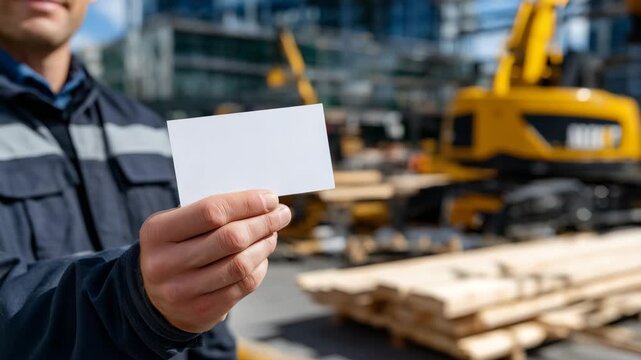 Bright construction site scene with a faceless worker from behind holding a clean blank business card toward the camera, scaffolding, lumber stacks, and construction tools forming