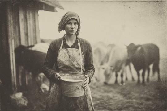 Vintage photo of milkmaid woman with a bucket of milk.