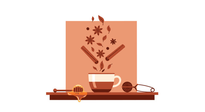 A cozy ceramic mug sits on a wooden surface as aromatic spices like star anise and cinnamon sticks fall gracefully into the steaming beverage under soft light.