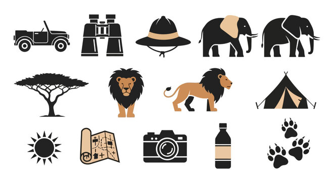 Safari Adventure Icons Set Wildlife Exploration Elements