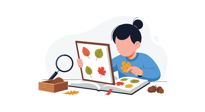 A curious young girl with a neat hair bun explores the science of botany by examining colorful autumn leaves inside a large educational book on a table.