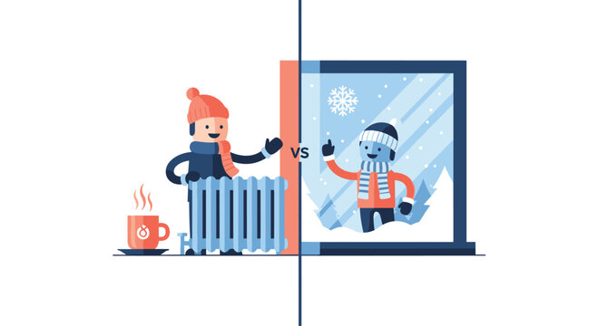 A charming split-screen illustration showcases the cozy warmth of an indoor radiator contrasted against a chilly blue winter scene visible through a window.