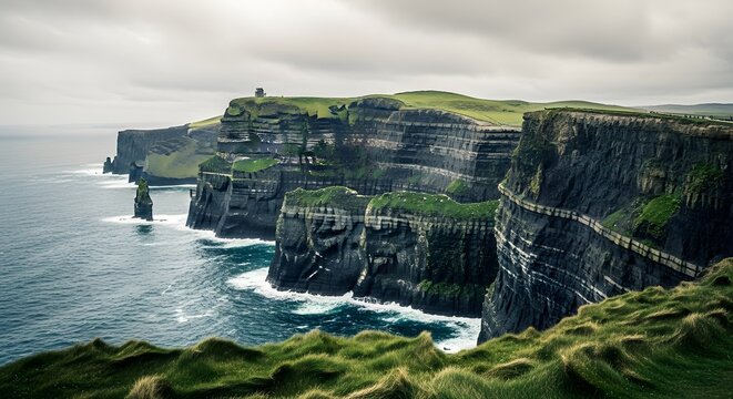 Dramatic cliffs of moher landscape with ocean waves and green grass