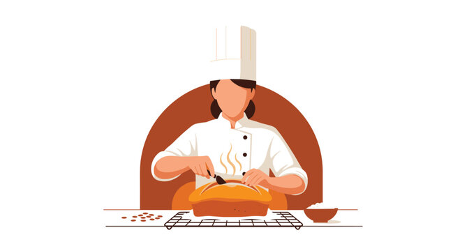 A skilled female chef wearing a pristine white uniform and tall toque carefully scores a golden loaf of steaming bread on a professional wire cooling rack.