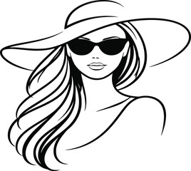 Fototapeta premium Vector illustration of a stylish woman with long hair wearing a fashionable hat in a beauty sketch style