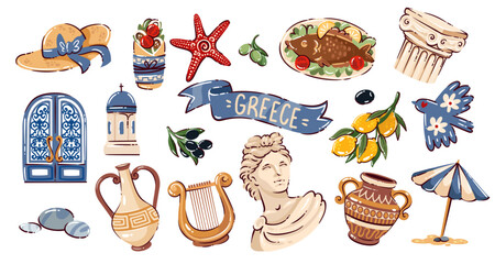Obraz premium Greece travel doodle icon set with Greek food, architecture, ancient art, sea symbols, pottery, landmarks and cultural elements. Cartoon style, cohesive Mediterranean theme, vector illustration