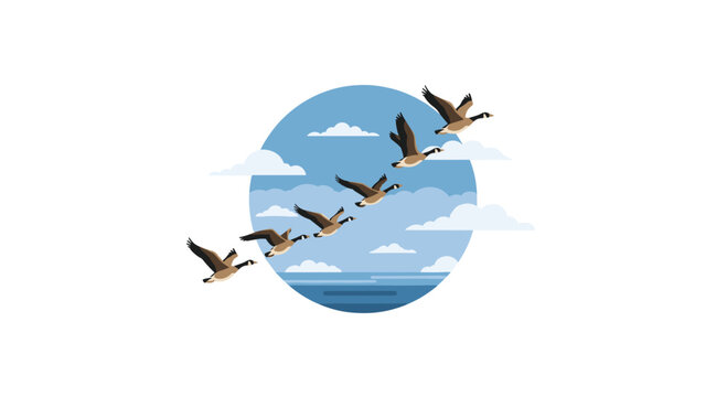 A majestic flock of Canada geese flies in a perfect diagonal formation across a serene circular blue sky backdrop featuring soft white clouds and water.
