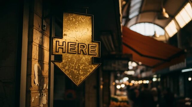 Vintage arrow sign with text HERE pointing down