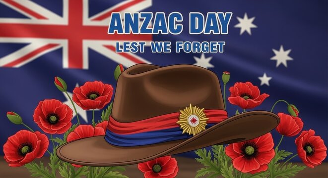 A commemorative illustration featuring an australian slouch hat surrounded by red poppy flowers.