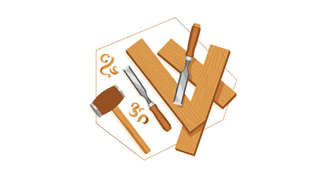 Meticulously detailed woodworking tools including a heavy wooden mallet and sharp metal chisels rest atop several overlapping light brown timber planks.