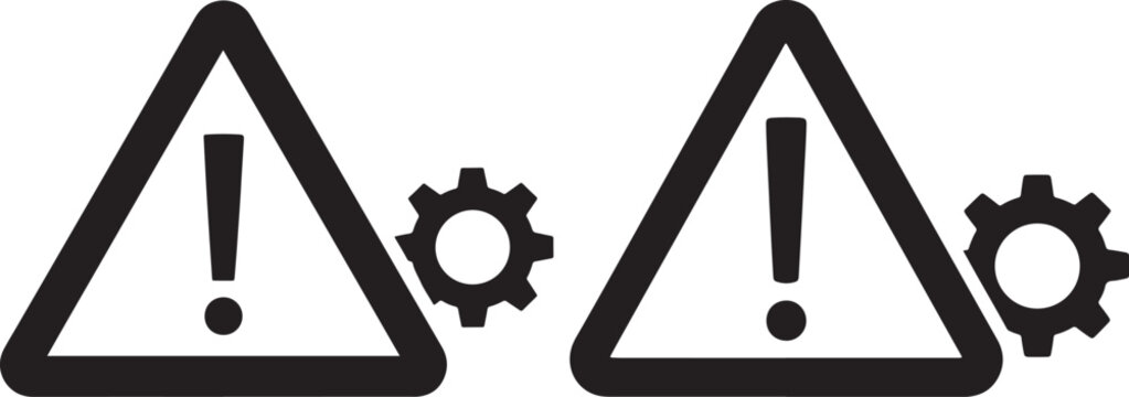 Two black warning triangle symbols with exclamation marks and gear icons indicating alerts and technical settings or issues on a white background exclamation mark triangle settings attention