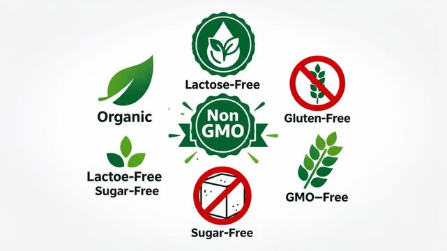 Animated icons showcasing the benefits of natural, healthy, and balanced organic products
