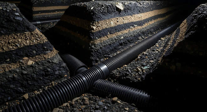 A close-up view of black corrugated pipes connected in a construction site with dirt and rocks ESG Policies