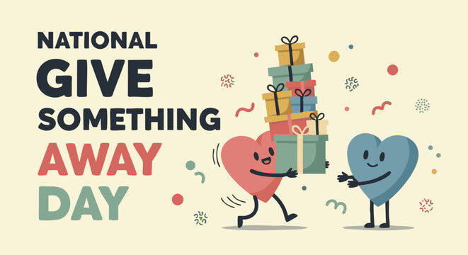 Heart characters giving gifts in playful colorful illustration for National Give Something Away Day