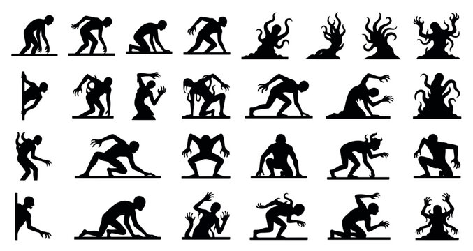 Shadow Creatures Emerging from Darkness Silhouettes Set Pack Editable Vector Stroke Illustration. featuring more monster, creature, horror, creepy, scary, zombie, undead, vector silhouettes.