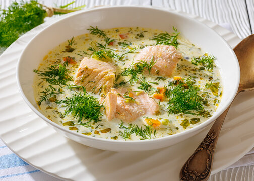 swedish laxsoppa creamy salmon soup in a bowl