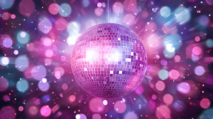 Obraz premium A vibrant disco ball surrounded by colorful bokeh lights, perfect for evoking a fun and energetic atmosphere.