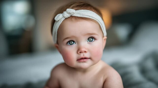 Close-up portrait of an infant girl wearing a white headband, big eyes glancing away, soft natural light emphasizing skin texture and rosy cheeks, subtle indoor decor in background