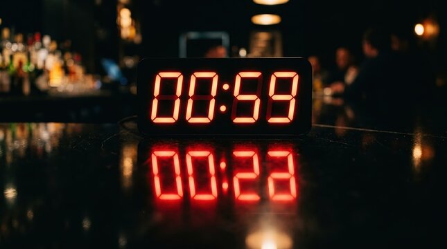 Digital clock showing time in red digits at night
