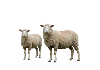 Obraz premium A pair of domestic sheep with thick woolly fleeces standing together and looking ahead isolated on transparent background