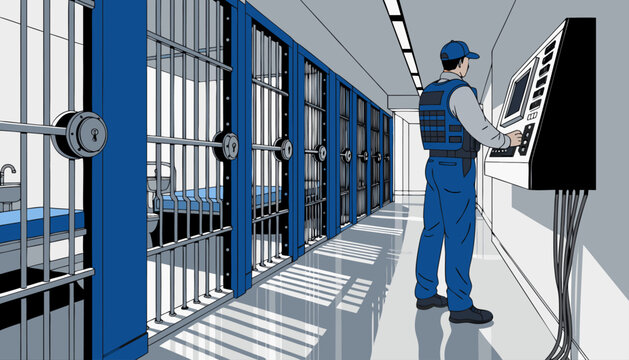A security guard monitoring a control panel in a modern prison or detention center with blue cells