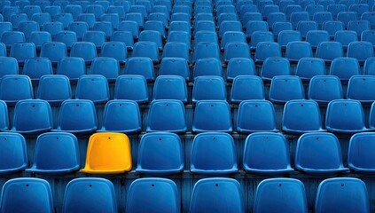 Fototapeta premium A single yellow stadium seat stands out in rows of blue seats