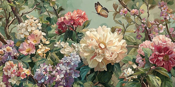 Vintage botanical oil painting of colorful flowers and butterfly