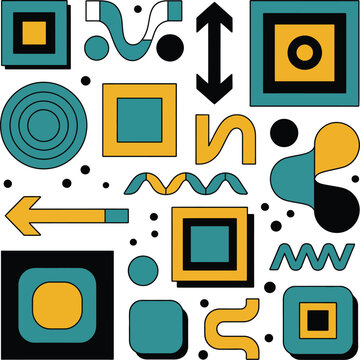 Geometric abstract shapes arrows waves dots and squares on black background representing modern digital design technology motion graphics composition and contemporary visual art concepts in bold minim