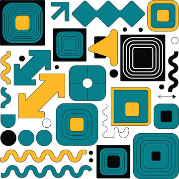 Geometric abstract shapes arrows waves dots and squares on black background representing modern digital design technology motion graphics composition and contemporary visual art concepts in bold minim