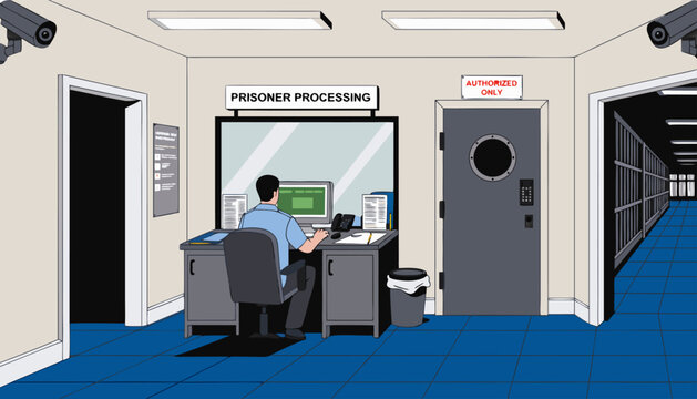 A vector graphic illustration of a man working at a desk in a prisoner processing office with a computer and security cameras