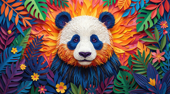 Artistic panda portrait surrounded by tropical foliage with illustration colorful tropical wildlife creative botanical background