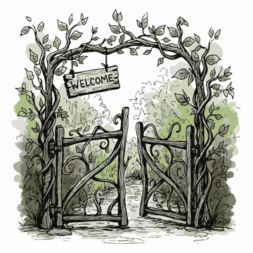 Enchanting vector illustration showing a rustic wooden garden gate with a charming hanging sign that reads welcome for spring season
