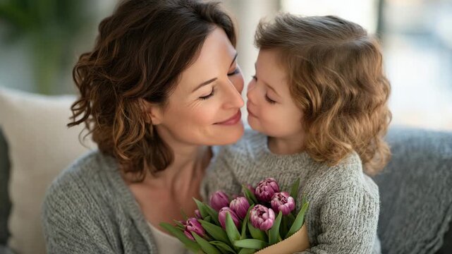 Cozy couch setting in a modern home where a mother kisses her joyful daughter who holds a beautiful bundle of pink tulips wrapped in craft paper, soft blankets and pillows surround