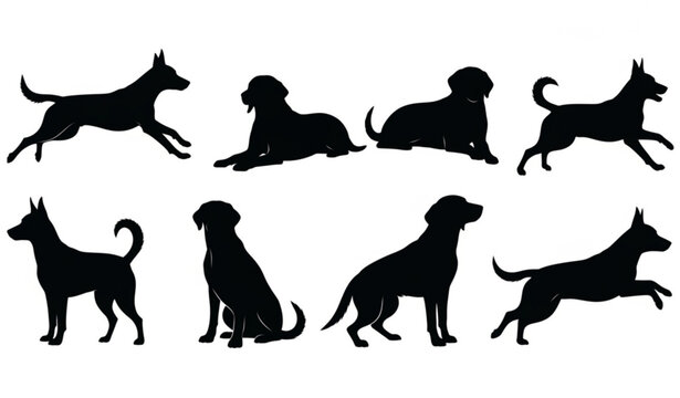 Black dog silhouette set with running sitting lying and standing poses isolated on white background
