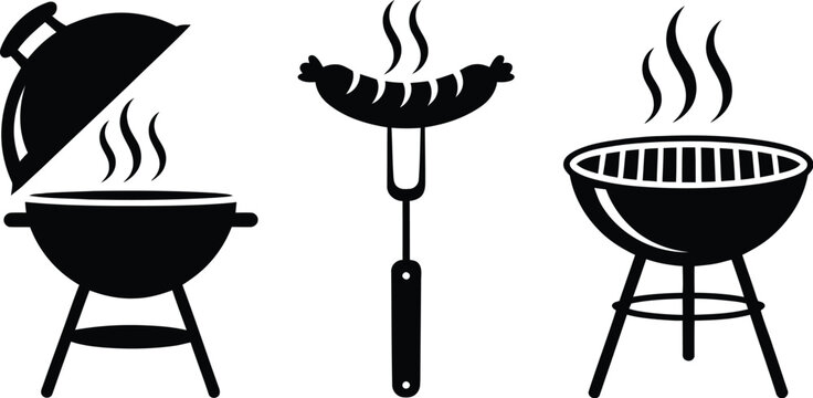 Grill BBQ vector icon set representing barbecue grill equipment cooking utensils flame fire skewers and outdoor cooking concepts for restaurant menus food apps