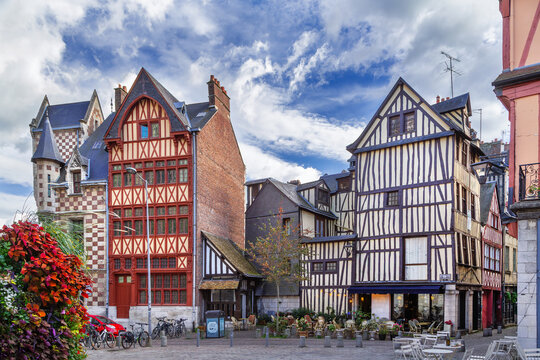 Scenic view of historic half-timbered house facades in Rouen, France. Traditional French medieval building exterior