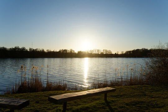 Sunset reflecting on Schweriner See lake in Germany