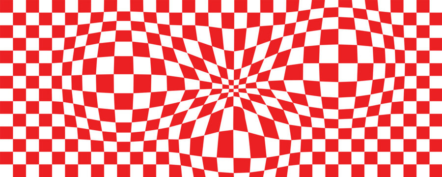 Trippy checkerboard background, wavy checker pattern, optical illusion. Vector seamless black and white swirl. Abstract distorted psychedelic texture, geometric ornament, monochrome chessboard print.