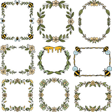 Hand drawn honey bee and floral frames set for World Bee Day, spring flower borders and nature wreaths for wedding invitation or greeting cards.