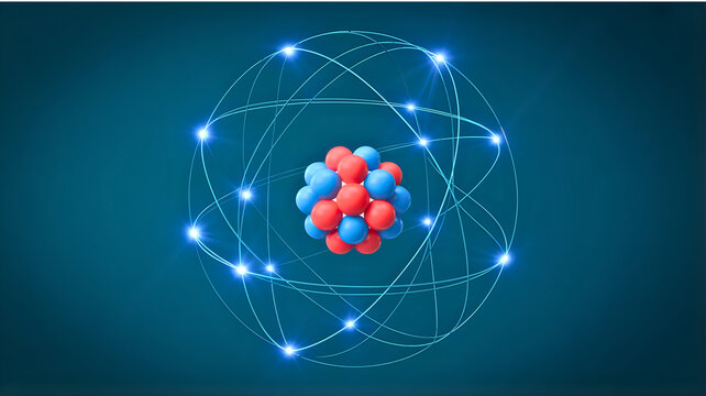 Vibrant scientific atom model illustrating atomic structure and quantum technology