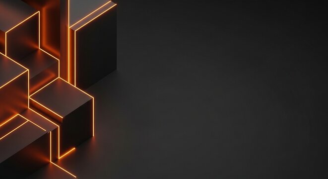 Abstract geometric shapes with glowing orange neon outlines on a dark background, futuristic design