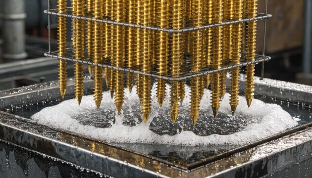 Closeup medium shot of screws coated in yellow zinc suspended on racks as they enter the electroplating tank highlighting the vivid golden corrosion protection.