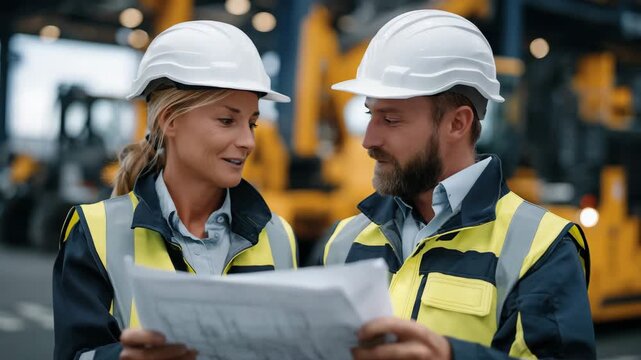 Engineers collaborating at an active industrial site, man and woman in hard hats and safety vests studying a detailed blueprint, heavy machinery and steel beams around them, daylig