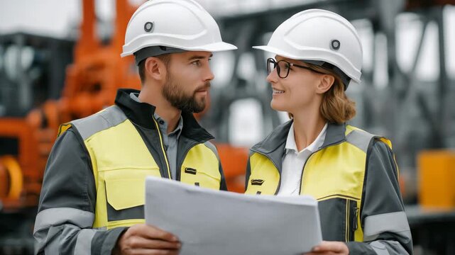 Engineers, man and woman, in reflective safety gear, reviewing large technical drawings while standing near a partially built factory, industrial equipment and metal beams in backg