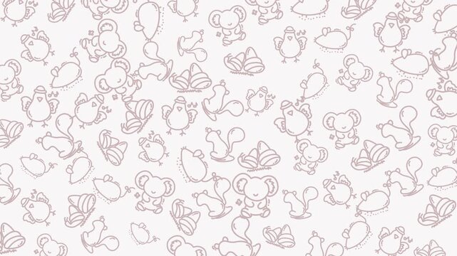 Seamless animal pattern with birds, mice, squirrels, koalas, and bells for childthemed products, stationery, fabrics, and wallpapers. Whimsical and delightful design.