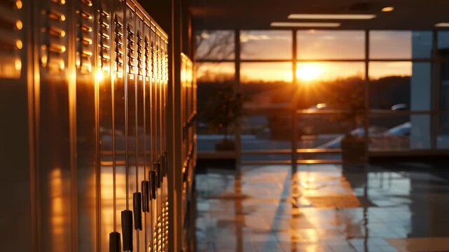 Expansive view down a deserted school hallway during sunset, metallic lockers on either side producing repeating patterns of light and shadow, reflections on polished tiles, warm g