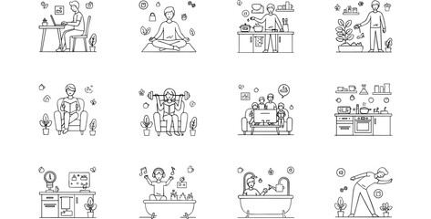 Fototapeta premium Collection of minimalist lifestyle icons featuring people at home working exercising gardening and relaxing in clean line art vector.