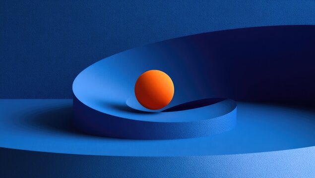 Orange sphere resting in a blue paper spiral against a blue backdrop
